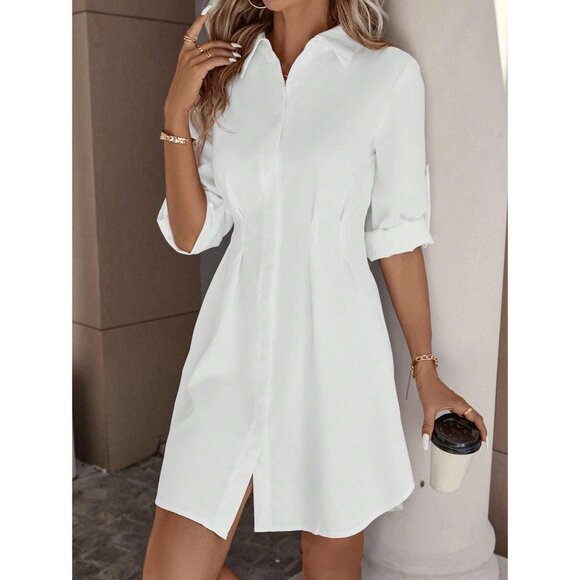 Rolled sleeve collared button down shirt dress preppy - Picture 1 of 3